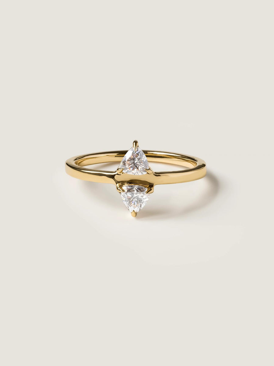 Trillion cut lab grown diamond two stone engagement ring, 0.20 carats total weight, set in a sleek prong design on polished gold band