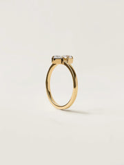 Trillion cut lab grown diamond two stone engagement ring, 0.20 carats total weight, set in a sleek prong design on polished gold band