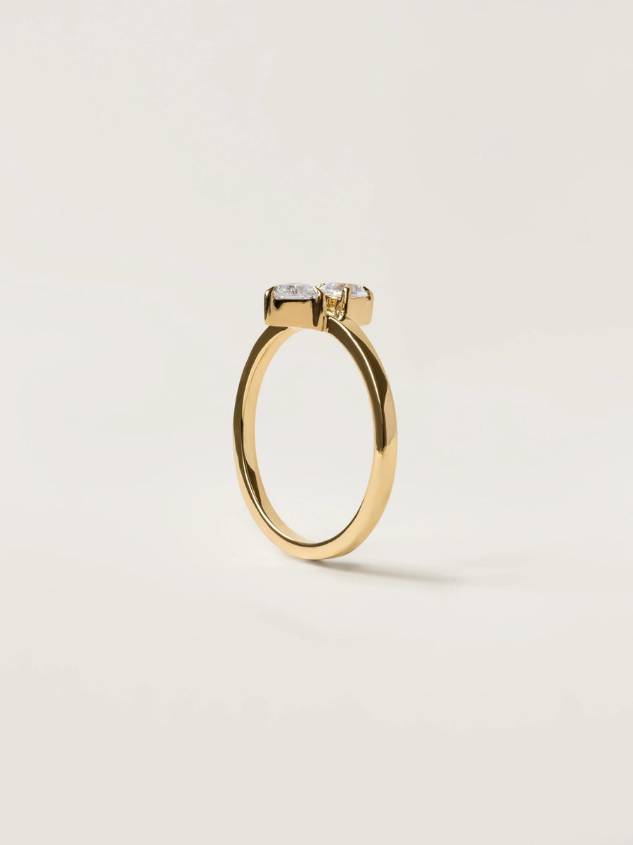 Trillion cut lab grown diamond two stone engagement ring, 0.20 carats total weight, set in a sleek prong design on polished gold band