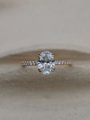 Oval cut lab grown diamond pavé engagement ring, 1.20 to 3.20 carats, with side stones set in a polished gold band