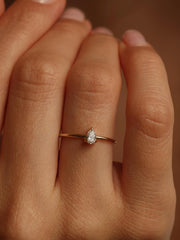 0.20 carat pear cut lab grown diamond solitaire engagement ring in prong setting with polished gold band