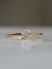 Cushion cut lab grown diamond solitaire engagement ring, 1.0 to 3.0 carats, set in a classic prong design on polished gold band