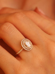 Oval cut lab grown diamond double halo and pavé engagement ring, 0.95 to 2.95 carats, set in elegant prong design on gold band