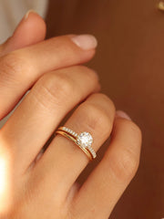 Round cut lab grown diamond pavé engagement ring, 1.01 to 3.01 carats, accented with side stones in a polished gold band