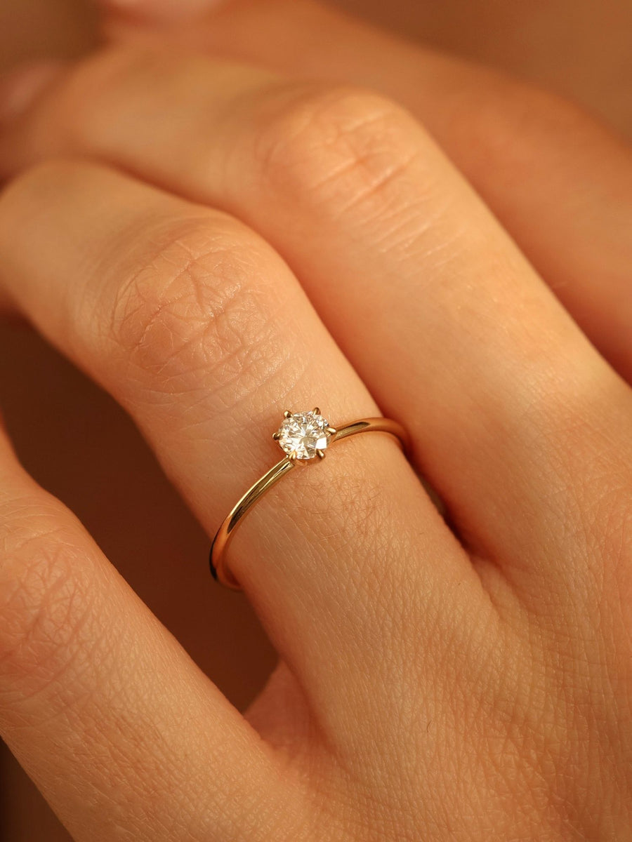 0.30 carat round cut lab grown diamond solitaire engagement ring in E/VS1 clarity, set in a sleek prong on gold band
