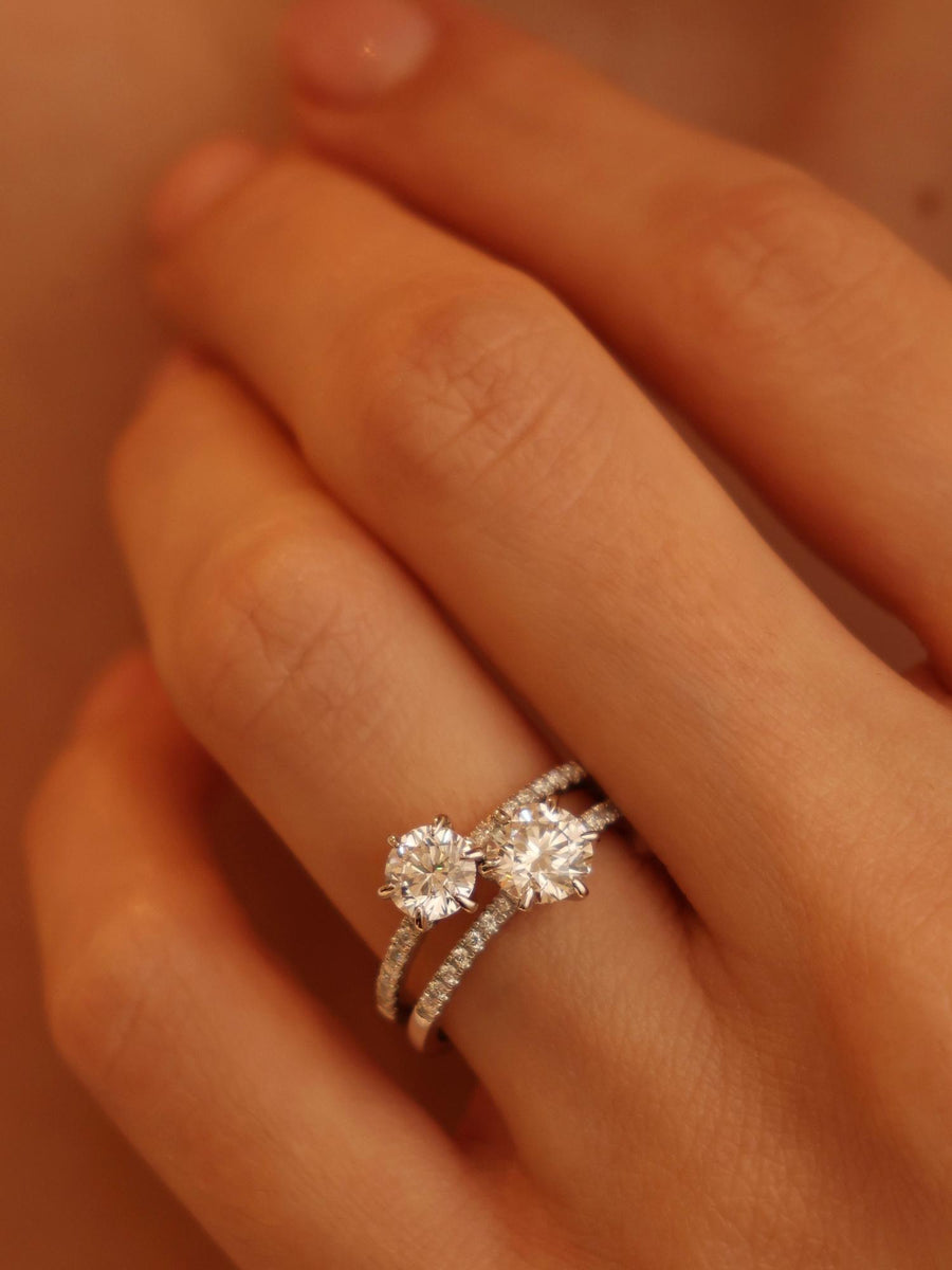 Round cut lab grown diamond pavé engagement ring, 1.01 to 3.01 carats, accented with side stones in a polished gold band