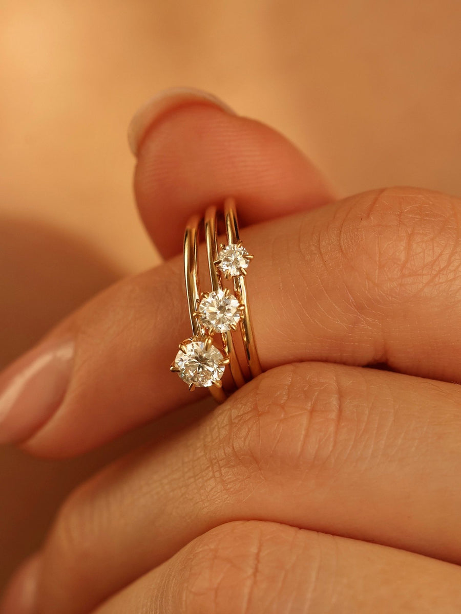 0.30 carat round cut lab grown diamond solitaire engagement ring in E/VS1 clarity, set in a sleek prong on gold band
