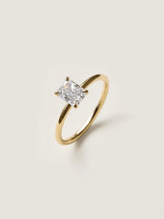 Radiant cut lab grown diamond solitaire engagement ring, 0.90 to 2.50 carats, set in classic prong design on polished gold band

