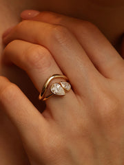 Two stone pear cut lab grown diamond engagement ring, 1.5 carats total, E/VS1 clarity, set in polished gold band