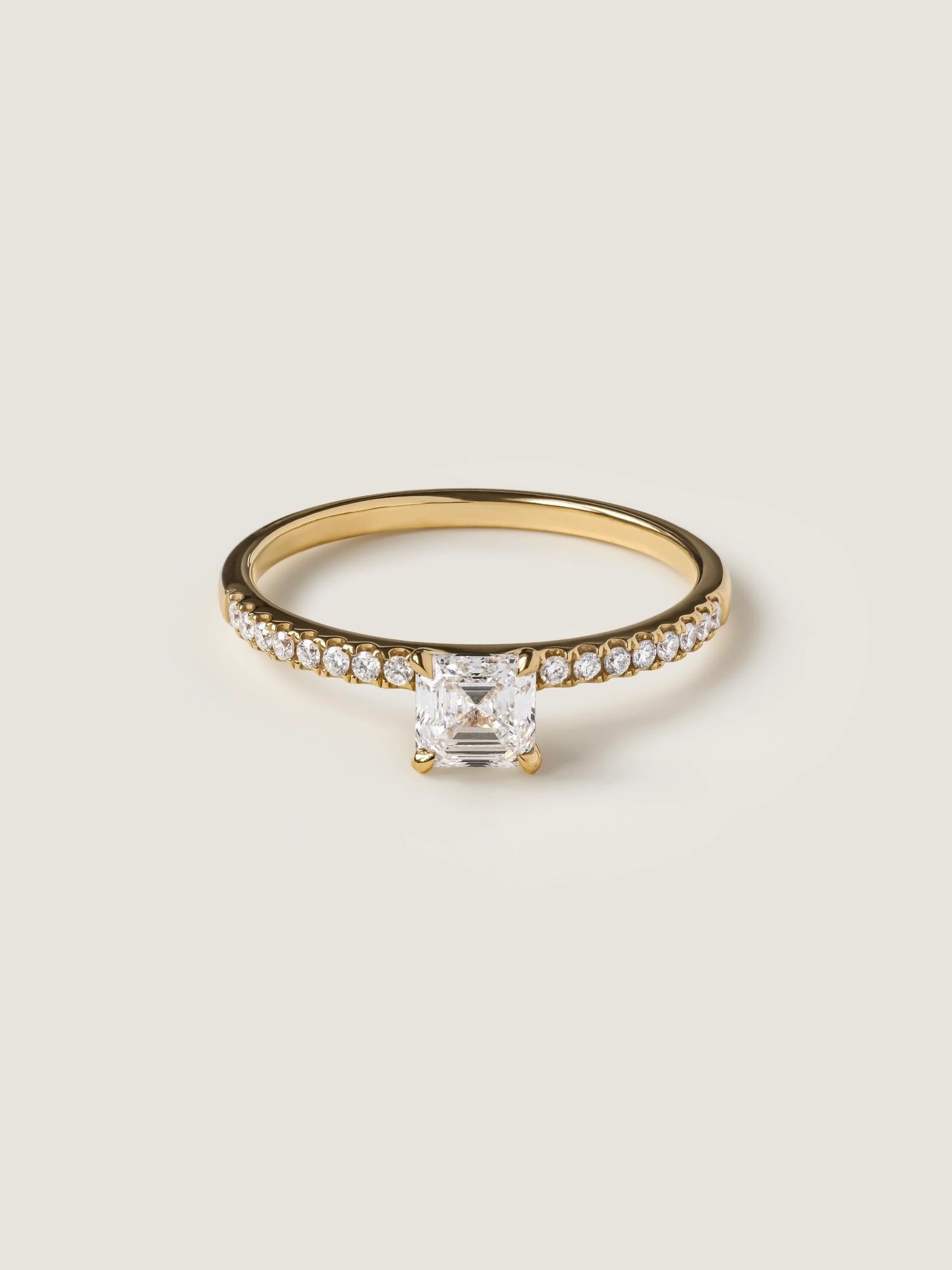 Asscher cut lab grown diamond pavé engagement ring, 0.50 to 2.50 carats, with side stones set in a polished gold band