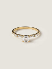 Asscher cut lab grown diamond pavé engagement ring, 0.50 to 2.50 carats, with side stones set in a polished gold band