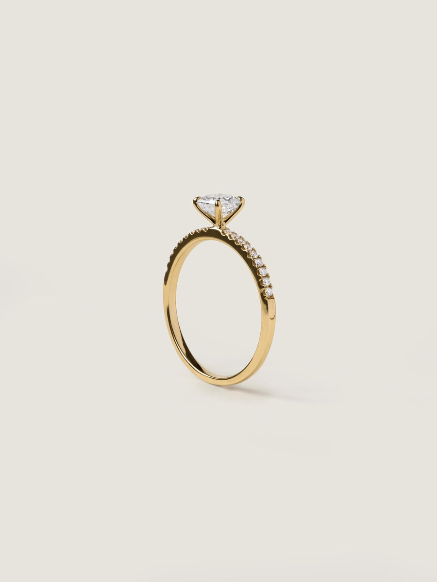 Asscher cut lab grown diamond pavé engagement ring, 0.50 to 2.50 carats, with side stones set in a polished gold band