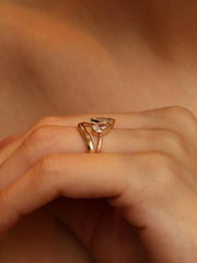 Two stone pear cut lab grown diamond engagement ring, 1.5 carats total, E/VS1 clarity, set in polished gold band
