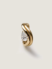 Pear cut lab grown diamond engagement ring, 1.0 to 3.0 carats, in a unique designer-inspired setting on polished gold band