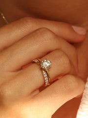 Round cut lab grown diamond solitaire engagement ring, 1.50 to 3.50 carats, set in timeless prong design on polished gold band