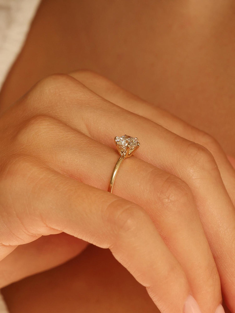 Round cut lab grown diamond solitaire engagement ring, 1.50 to 3.50 carats, set in timeless prong design on polished gold band