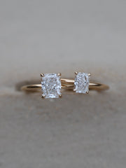 Radiant cut lab grown diamond solitaire engagement ring, 0.90 to 2.50 carats, set in classic prong design on polished gold band

