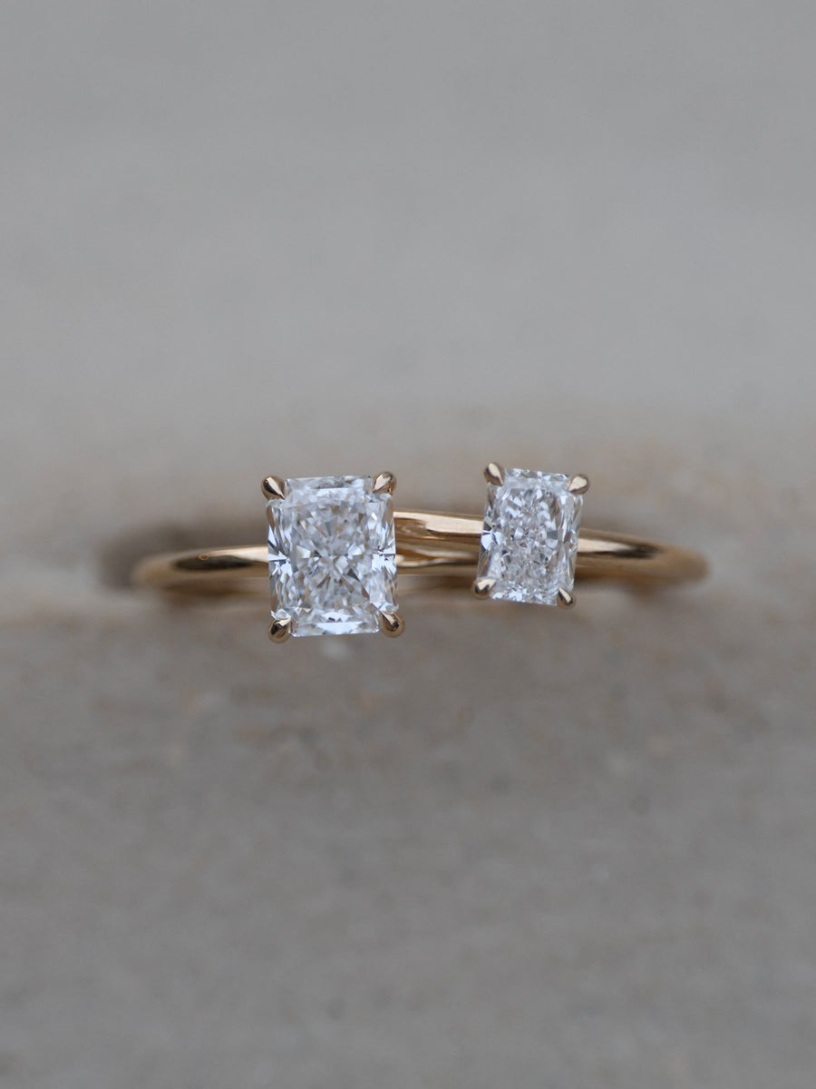 Radiant cut lab grown diamond solitaire engagement ring, 0.90 to 2.50 carats, set in classic prong design on polished gold band

