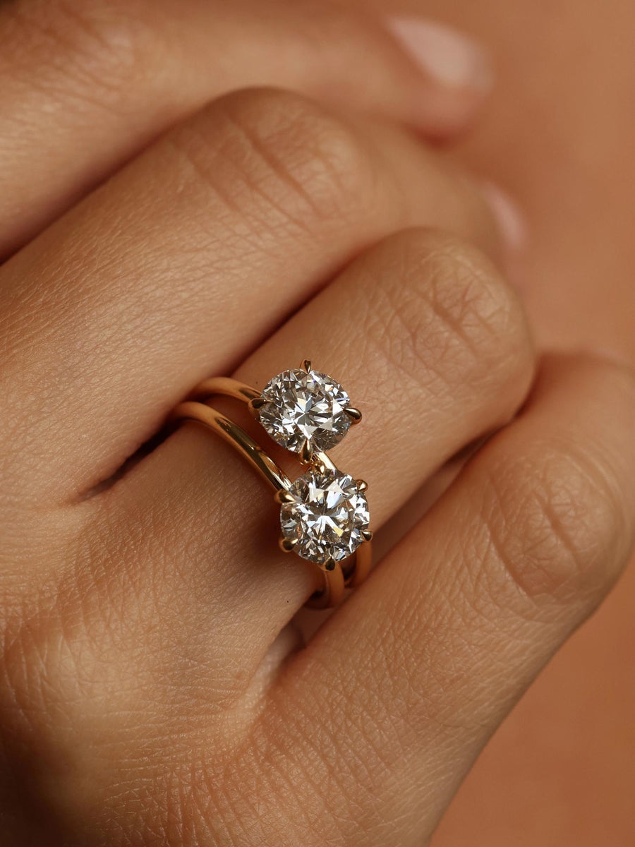 Round cut lab grown diamond solitaire engagement ring, 1.50 to 3.50 carats, set in timeless prong design on polished gold band