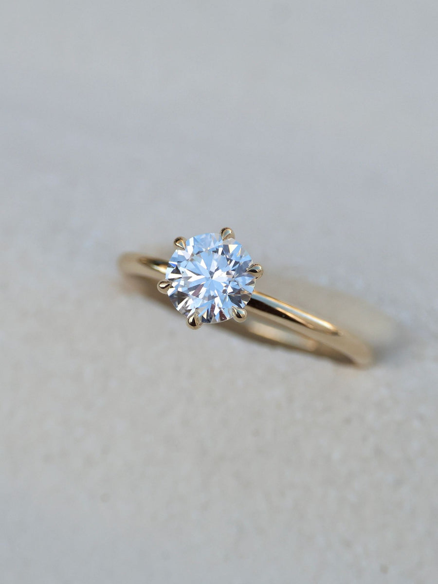 Round cut lab grown diamond solitaire engagement ring, 1.03 to 3.03 carats, set in a traditional prong setting on polished gold band