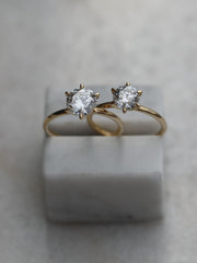 Round cut lab grown diamond solitaire engagement ring, 1.03 to 3.03 carats, set in a traditional prong setting on polished gold band