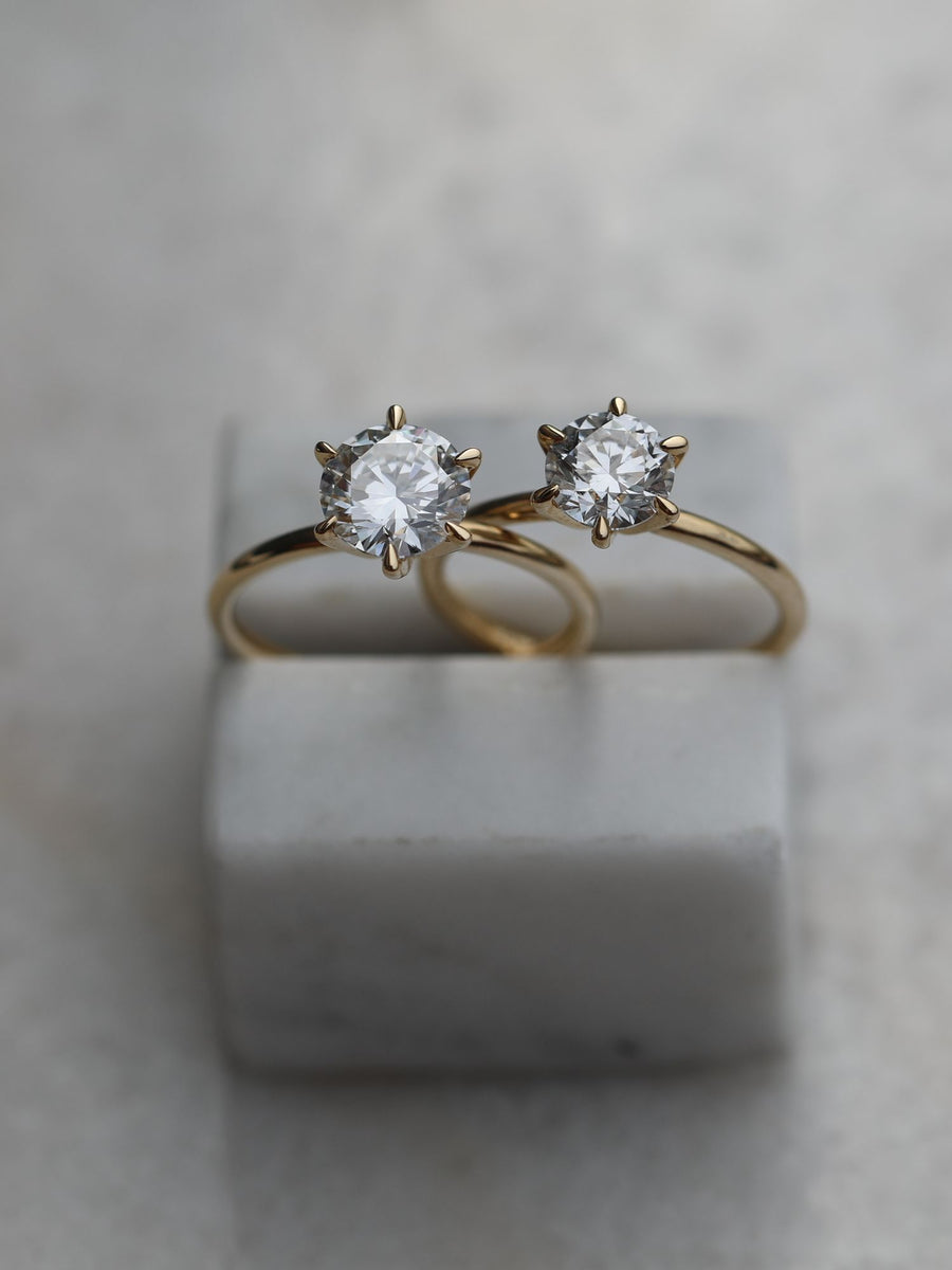 Round cut lab grown diamond solitaire engagement ring, 1.03 to 3.03 carats, set in a traditional prong setting on polished gold band