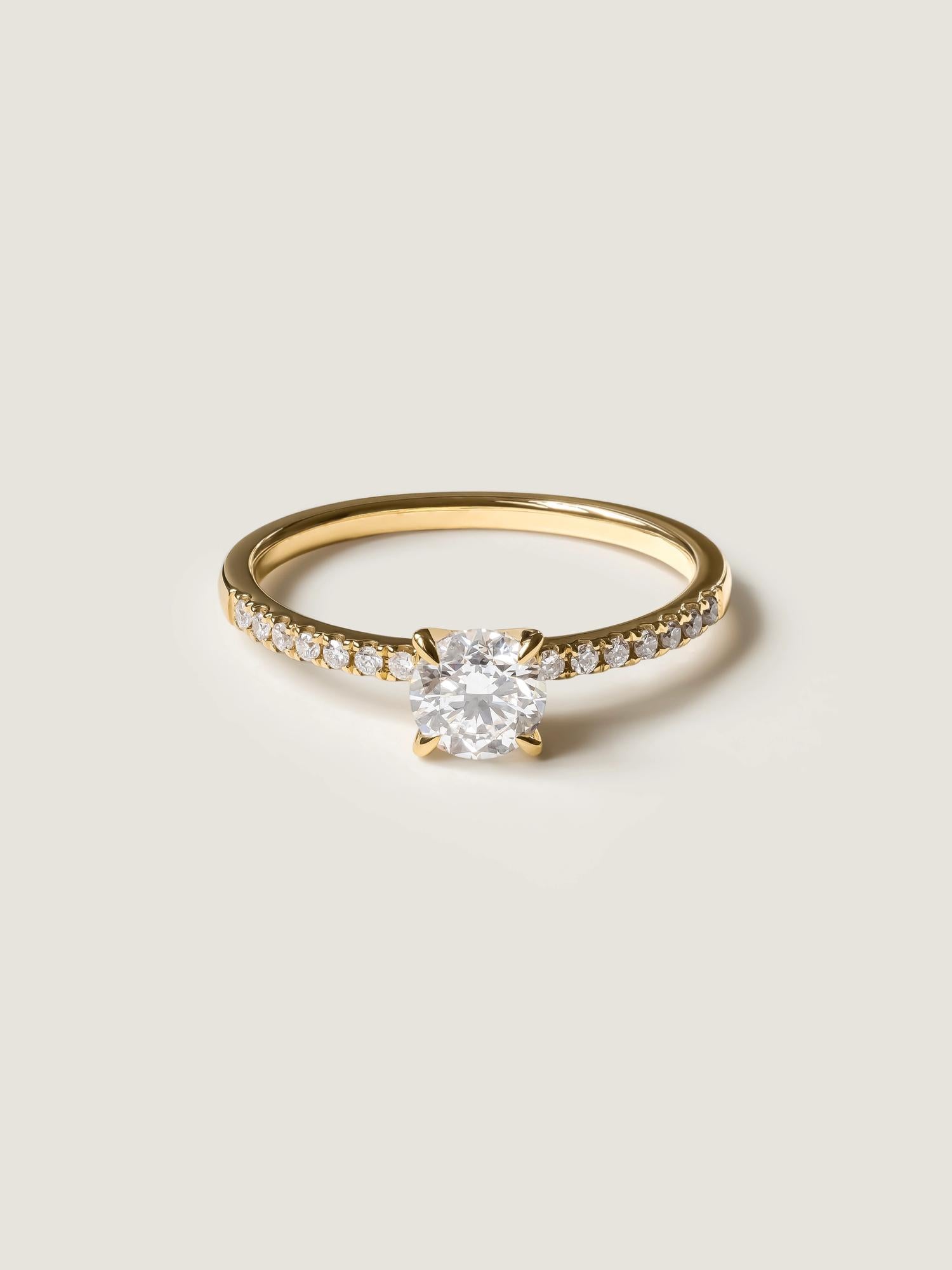 Round cut E/VS1 lab grown diamond pavé engagement ring, 0.50 to 2.50 carats, with side stones set in polished gold band


