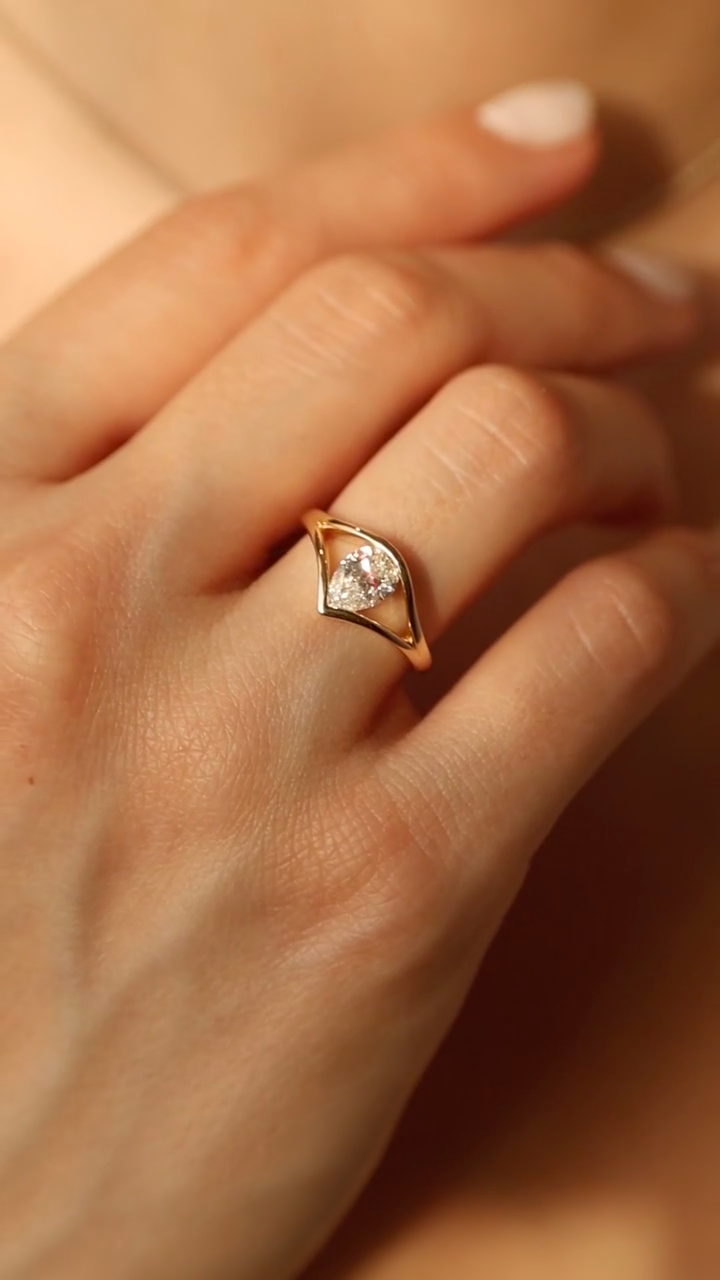 Pear cut lab grown diamond split shank engagement ring, 1.0 to 3.0 carats, set in elegant prong design on polished gold band