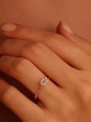 East-west emerald cut lab grown diamond solitaire engagement ring, 1.0 to 3.0 carats, set in prong design on polished gold band

