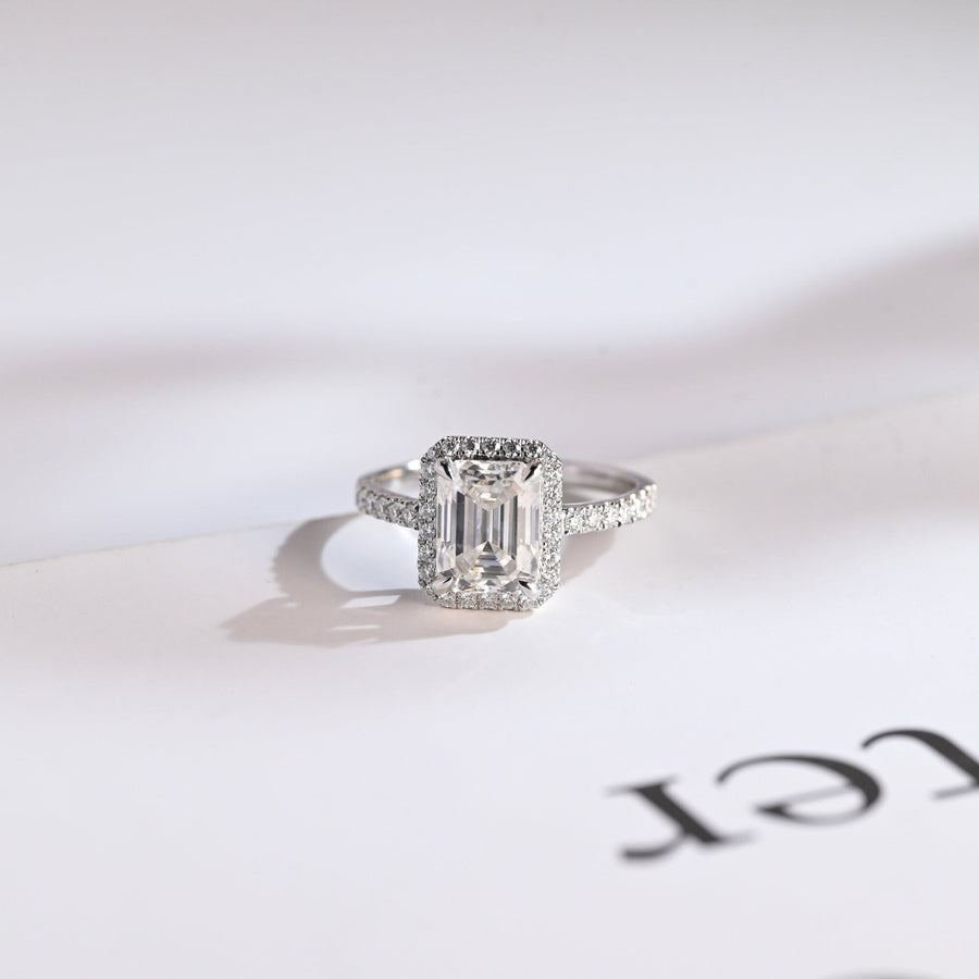 3.0 CT Emerald Cut Halo & Pave Moissanite Engagement Ring