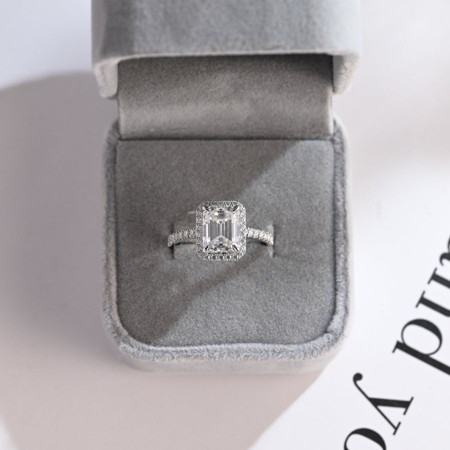 3.0 CT Emerald Cut Halo & Pave Moissanite Engagement Ring