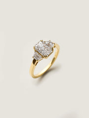Radiant cut lab grown diamond three stone engagement ring, 1.0 to 3.0 carats, set in elegant prong setting on gold band