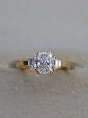 Radiant cut lab grown diamond three stone engagement ring, 1.0 to 3.0 carats, set in elegant prong setting on gold band