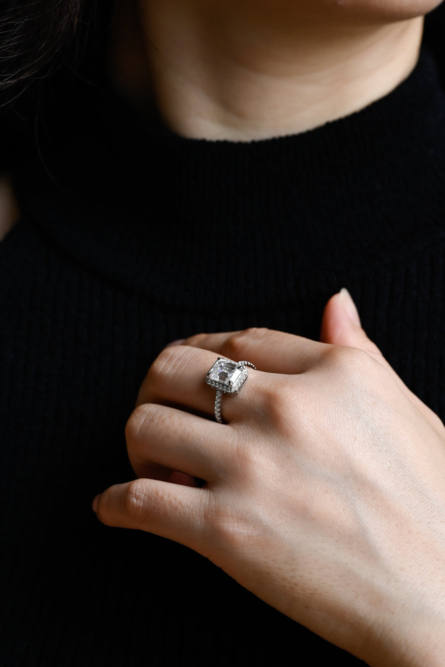 3.0 CT Emerald Cut Halo & Pave Moissanite Engagement Ring