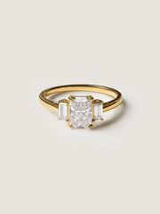 Radiant cut lab grown diamond three stone engagement ring, 1.20 to 3.20 carats, set in prong design on polished gold band