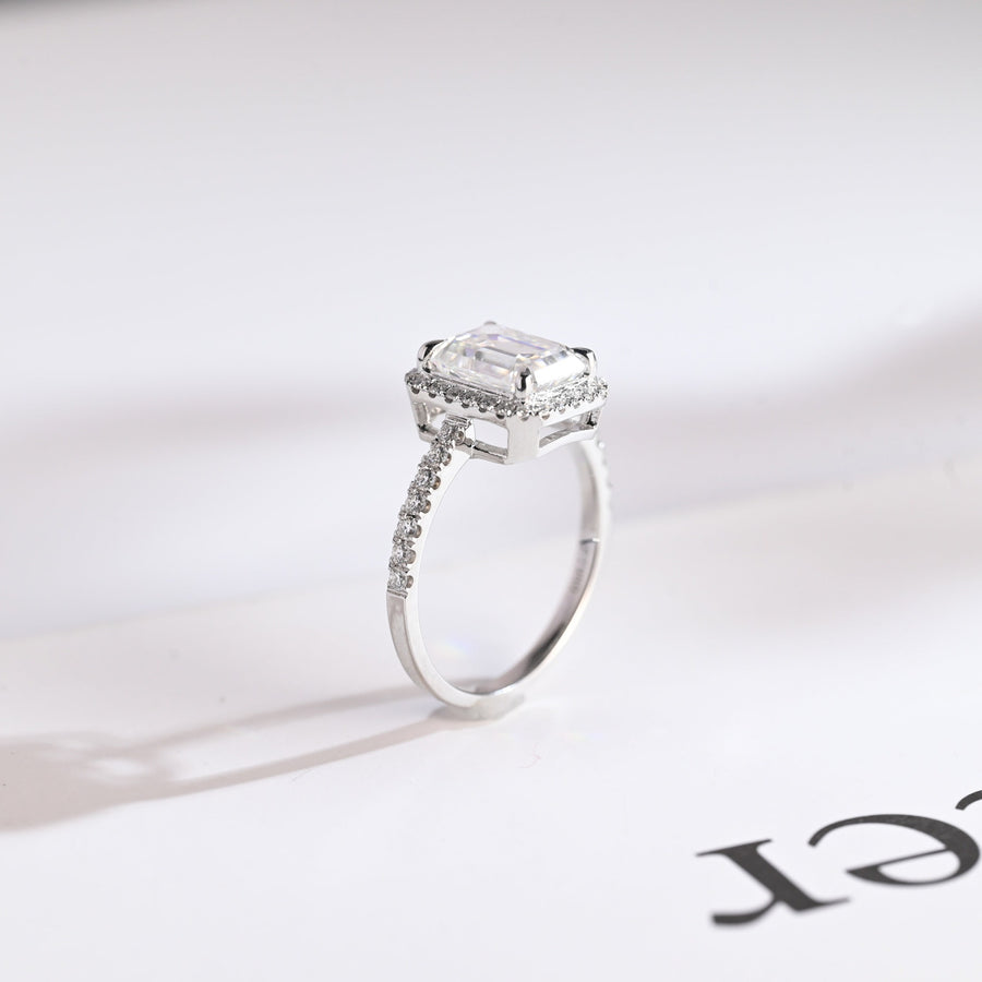 3.0 CT Emerald Cut Halo & Pave Moissanite Engagement Ring
