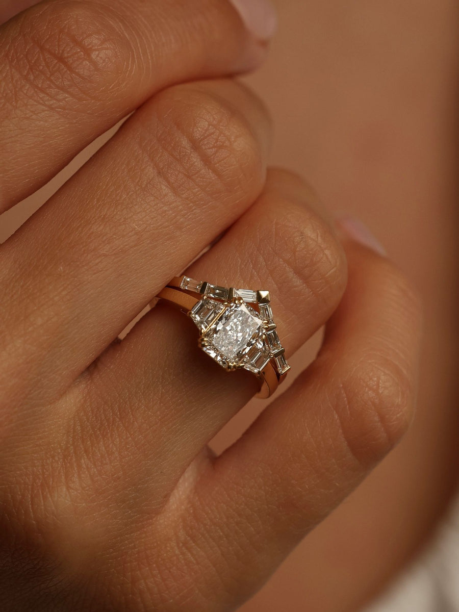 Radiant cut lab grown diamond three stone engagement ring, 1.0 to 3.0 carats, set in elegant prong setting on gold band