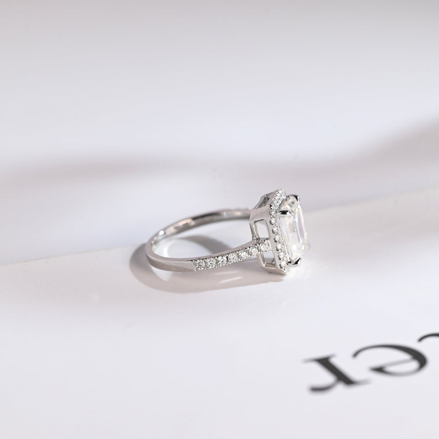 3.0 CT Emerald Cut Halo & Pave Moissanite Engagement Ring