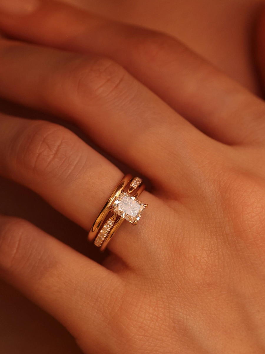 Radiant cut lab grown diamond solitaire engagement ring, 1.50 to 3.50 carats, in a classic prong setting on polished gold band