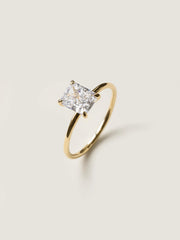 Radiant cut lab grown diamond solitaire engagement ring, 1.50 to 3.50 carats, in a classic prong setting on polished gold band
