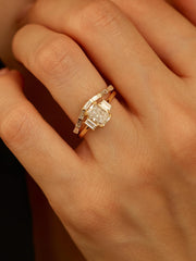 Radiant cut lab grown diamond three stone engagement ring, 1.20 to 3.20 carats, set in prong design on polished gold band