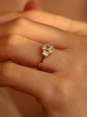 Radiant cut lab grown diamond three stone engagement ring, 1.20 to 3.20 carats, set in prong design on polished gold band