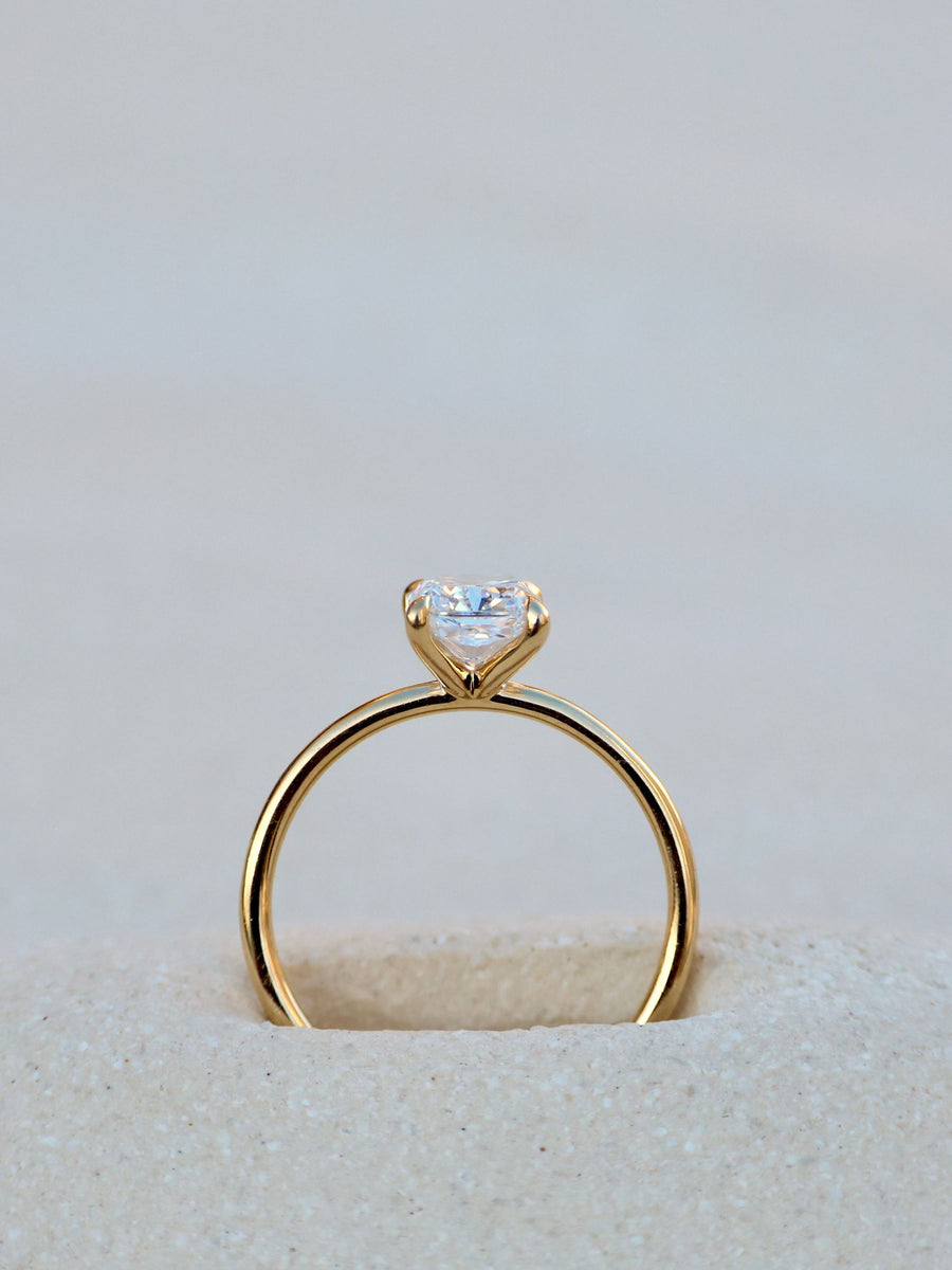 Radiant cut lab grown diamond solitaire engagement ring, 1.50 to 3.50 carats, in a classic prong setting on polished gold band