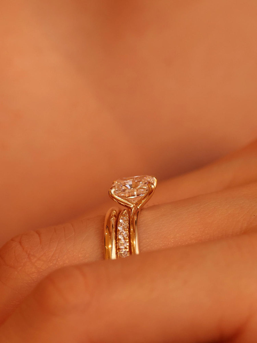 Radiant cut lab grown diamond solitaire engagement ring, 1.50 to 3.50 carats, in a classic prong setting on polished gold band