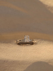 Radiant cut lab grown diamond solitaire engagement ring, 1.50 to 3.50 carats, in a classic prong setting on polished gold band