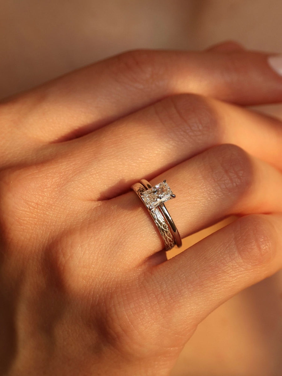 Radiant cut lab grown diamond solitaire engagement ring, 1.50 to 3.50 carats, in a classic prong setting on polished gold band