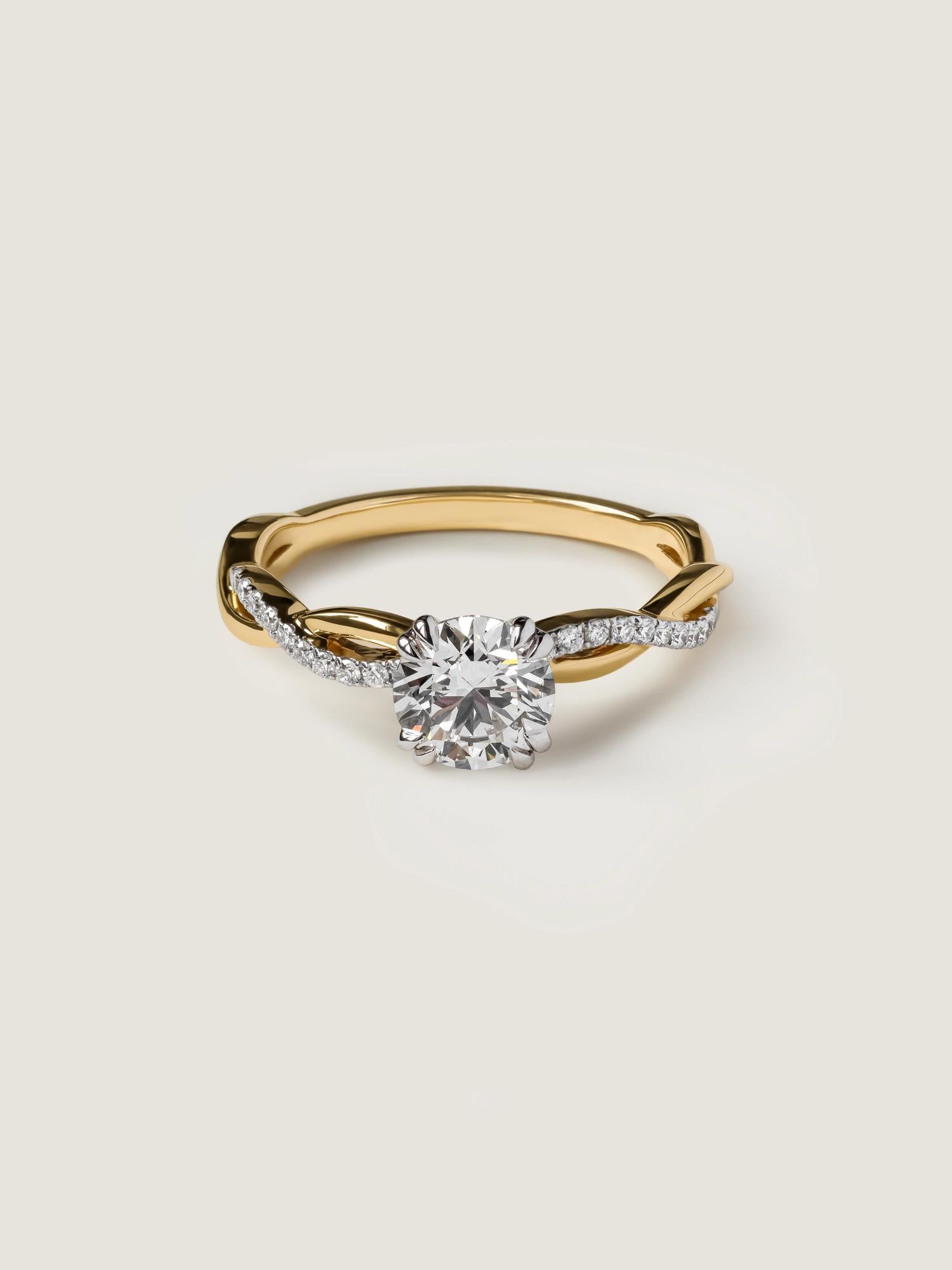 Round cut lab grown diamond twisted engagement ring, 0.70 to 2.50 carats, set in prong design with intertwined gold band