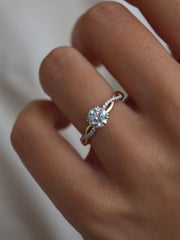 Round cut lab grown diamond twisted engagement ring, 0.70 to 2.50 carats, set in prong design with intertwined gold band