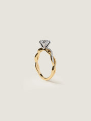 Round cut lab grown diamond twisted engagement ring, 0.70 to 2.50 carats, set in prong design with intertwined gold band