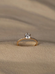 Round cut lab grown diamond pavé engagement ring, 0.75 to 2.75 carats, with side stones in elegant prong setting on polished gold band